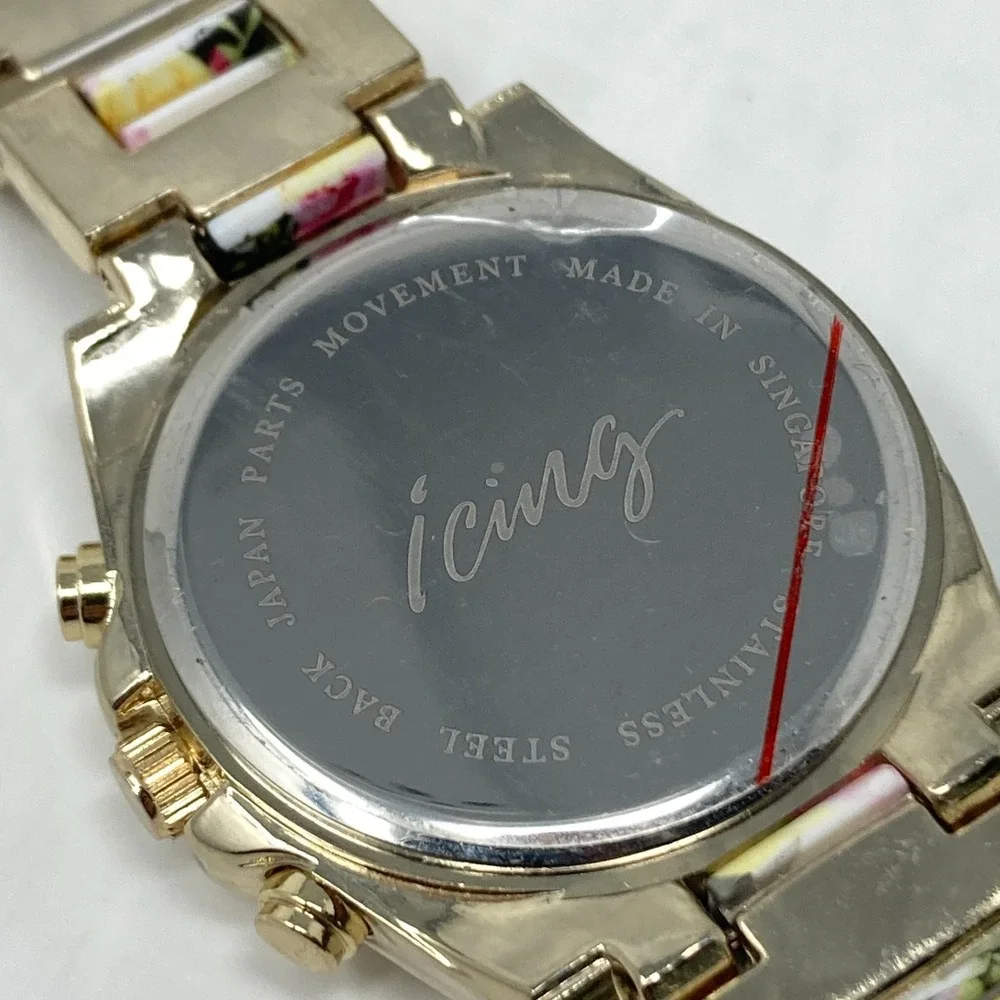 Icing Women's Watch Floral Band Black Pink 37mm Gold Tone New Battery 7.5